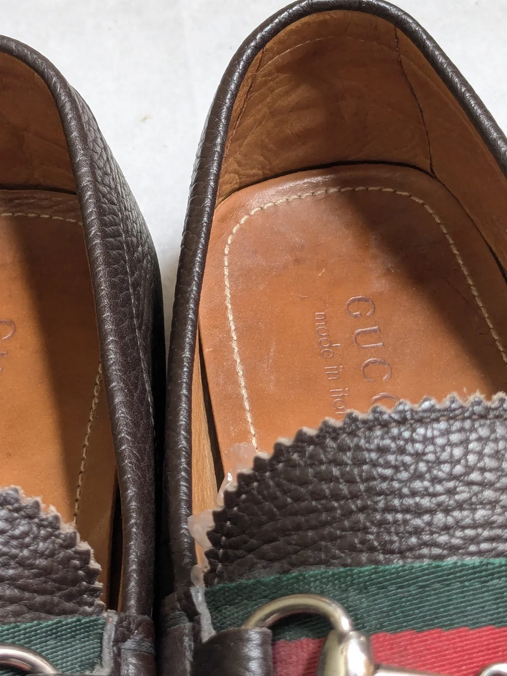 Gucci Men's Brown Leather Horsebit Loafers with Green-Red Web US 11 Driving